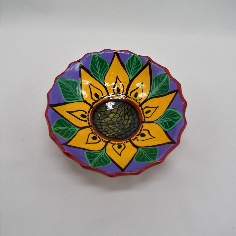 Vintage Sunflower Ceramic Trinket Dish Hand Painted Artisan Pottery Boho Decor